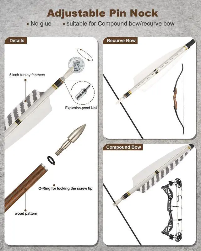 Alt view image 5 of 6 - 31" Pure Carbon Hunting Arrows with 5" Real Turkey Feathers Fletching and Removable Tips - 300/350/400/500/600 Spine for Compound & Recurve Bow 12 PCS