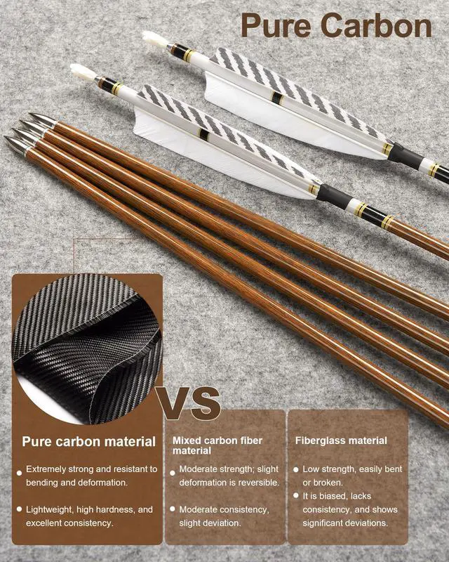 Alt view image 2 of 6 - 31" Pure Carbon Hunting Arrows with 5" Real Turkey Feathers Fletching and Removable Tips - 300/350/400/500/600 Spine for Compound & Recurve Bow 12 PCS