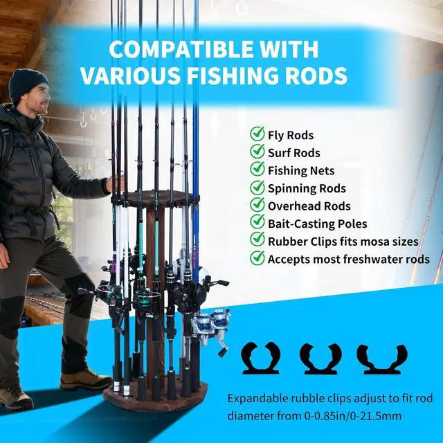 Alt view image 2 of 7 - 360° Rotating Natural Wood Fishing Rod Holder, Round Floor-Standing Fishing Rack Stores 16 Rods, Fishing Pole Storage Organizer for Garage, Basement, or Shed, Easy to Install