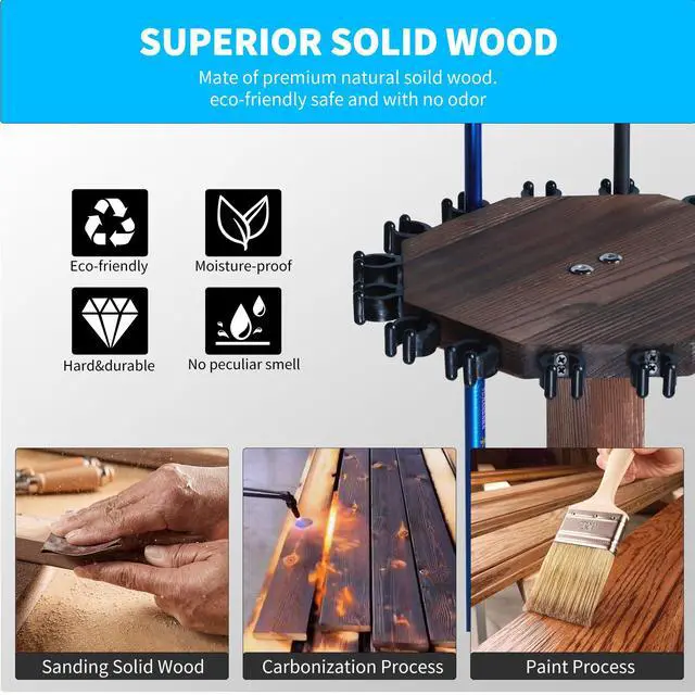Alt view image 5 of 7 - 360° Rotating Natural Wood Fishing Rod Holder, Round Floor-Standing Fishing Rack Stores 16 Rods, Fishing Pole Storage Organizer for Garage, Basement, or Shed, Easy to Install