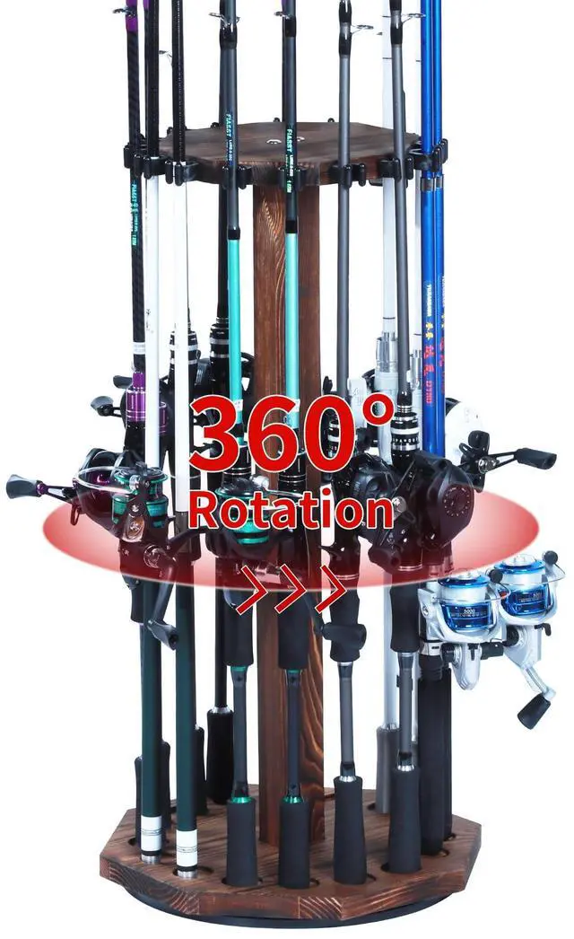 Main image of 360° Rotating Natural Wood Fishing Rod Holder, Round Floor-Standing Fishing Rack Stores 16 Rods, Fishing Pole Storage Organizer for Garage, Basement, or Shed, Easy to Install