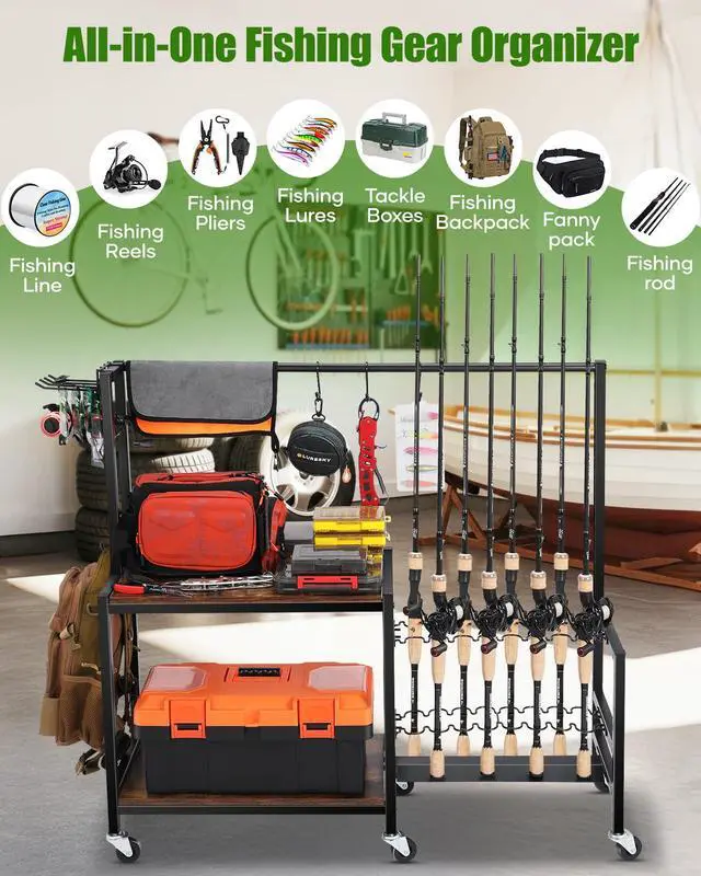 Alt view image 2 of 5 - Fishing Rod Holders for Garage, Fishing Pole Rack Holds Up to 16 Rods with Hooks, Heavy Duty Fishing Gear Organizer, Fishing Equipment Storage for Man's Gift (Brown)