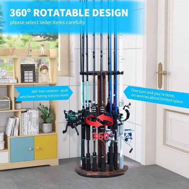 Alt view image 6 of 7 - 360° Rotating Natural Wood Fishing Rod Holder, Round Floor-Standing Fishing Rack Stores 16 Rods, Fishing Pole Storage Organizer for Garage, Basement, or Shed, Easy to Install
