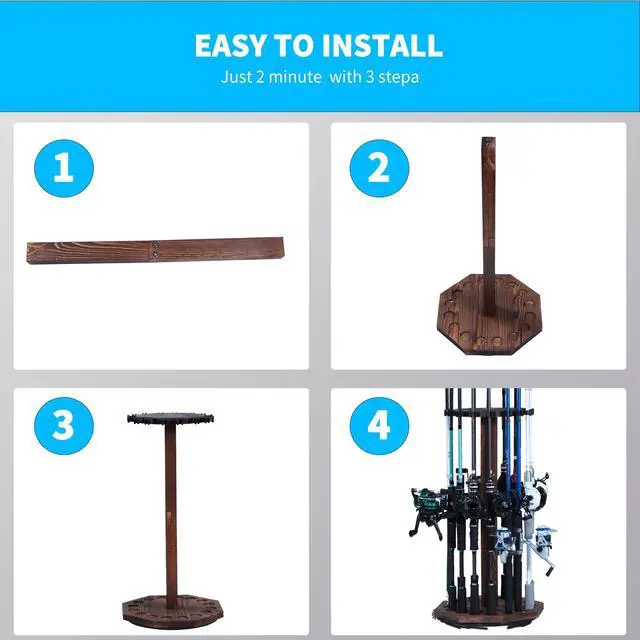 Alt view image 7 of 7 - 360° Rotating Natural Wood Fishing Rod Holder, Round Floor-Standing Fishing Rack Stores 16 Rods, Fishing Pole Storage Organizer for Garage, Basement, or Shed, Easy to Install