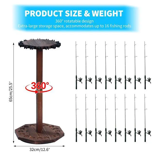 Alt view image 4 of 7 - 360° Rotating Natural Wood Fishing Rod Holder, Round Floor-Standing Fishing Rack Stores 16 Rods, Fishing Pole Storage Organizer for Garage, Basement, or Shed, Easy to Install