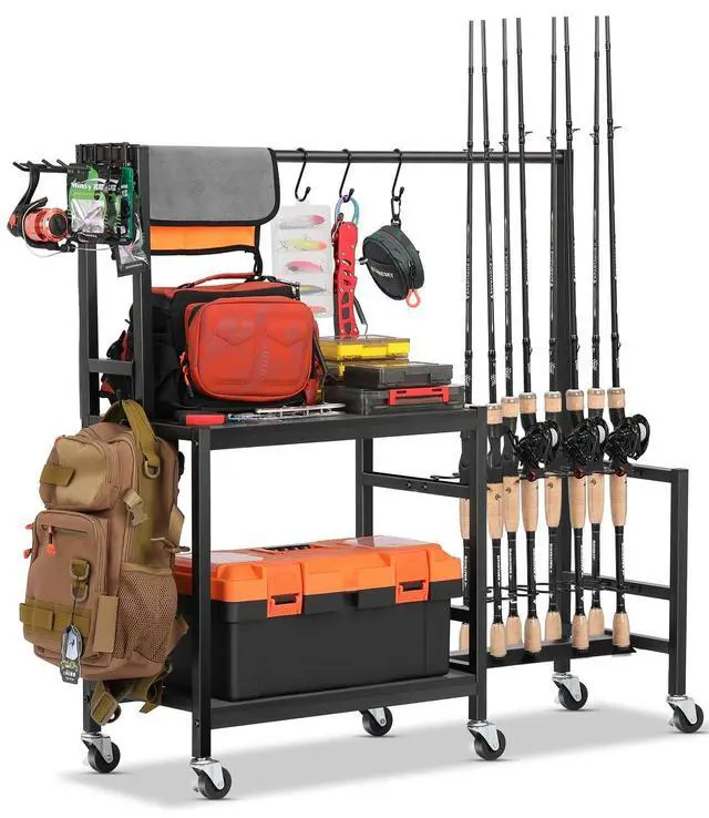 Main image of Fishing Rod Holders for Garage, Fishing Pole Rack Holds Up to 16 Rods with Hooks, Heavy Duty Rolling Fishing Cart with Wheels, Fishing Equipment Storage for Man's Gift (Black)