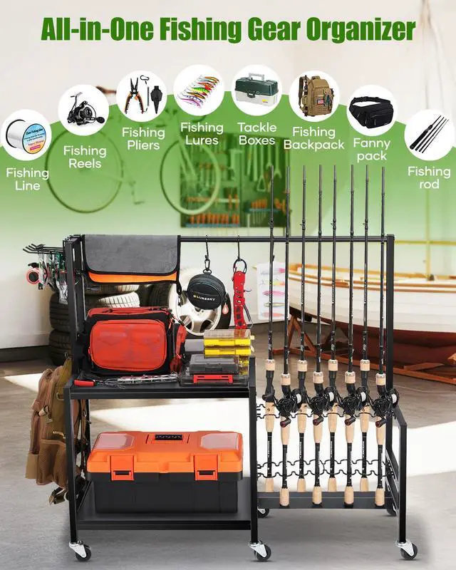 Alt view image 2 of 6 - Fishing Rod Holders for Garage, Fishing Pole Rack Holds Up to 16 Rods with Hooks, Heavy Duty Rolling Fishing Cart with Wheels, Fishing Equipment Storage for Man's Gift (Black)
