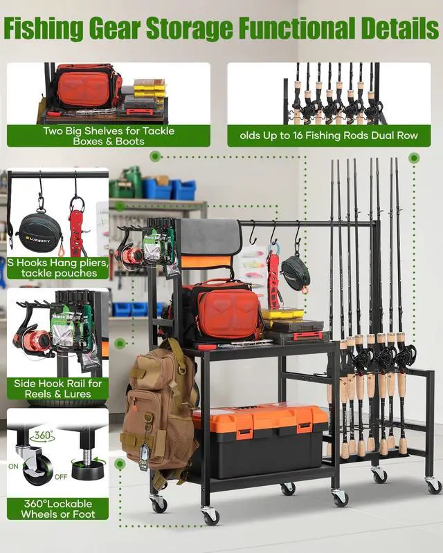 Alt view image 3 of 6 - Fishing Rod Holders for Garage, Fishing Pole Rack Holds Up to 16 Rods with Hooks, Heavy Duty Rolling Fishing Cart with Wheels, Fishing Equipment Storage for Man's Gift (Black)