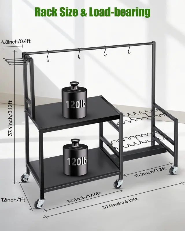 Alt view image 4 of 6 - Fishing Rod Holders for Garage, Fishing Pole Rack Holds Up to 16 Rods with Hooks, Heavy Duty Rolling Fishing Cart with Wheels, Fishing Equipment Storage for Man's Gift (Black)