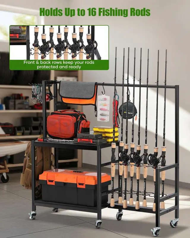 Alt view image 5 of 6 - Fishing Rod Holders for Garage, Fishing Pole Rack Holds Up to 16 Rods with Hooks, Heavy Duty Rolling Fishing Cart with Wheels, Fishing Equipment Storage for Man's Gift (Black)