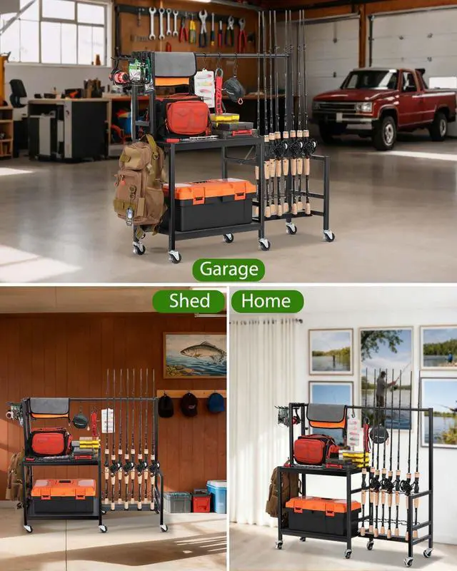 Alt view image 6 of 6 - Fishing Rod Holders for Garage, Fishing Pole Rack Holds Up to 16 Rods with Hooks, Heavy Duty Rolling Fishing Cart with Wheels, Fishing Equipment Storage for Man's Gift (Black)
