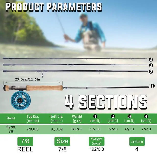 Alt view image 6 of 7 - 5/6 Weight 9ft Fly Rod, 4-Piece Graphite Rod, Die Cast Aluminum Reel, Carrying Case, Fly Box & Fishing Flies Combo Starter Kit