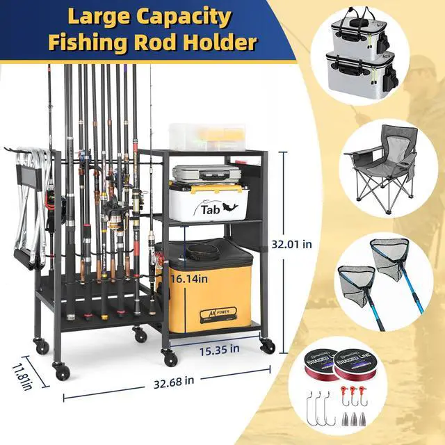 Alt view image 3 of 6 - Fishing Rod Holders, Rolling Fishing Rod Rack for Garage & Boat, Tackle Box & Reel Holder Cart, Easy Assembly Fishing Gear Management System, Ideal Birthday Gift for Men Dad Anglers