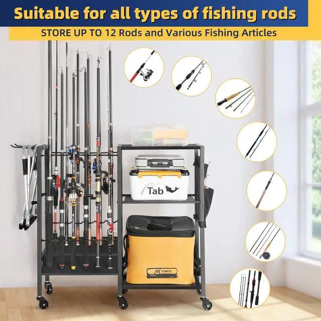 Alt view image 4 of 6 - Fishing Rod Holders, Rolling Fishing Rod Rack for Garage & Boat, Tackle Box & Reel Holder Cart, Easy Assembly Fishing Gear Management System, Ideal Birthday Gift for Men Dad Anglers
