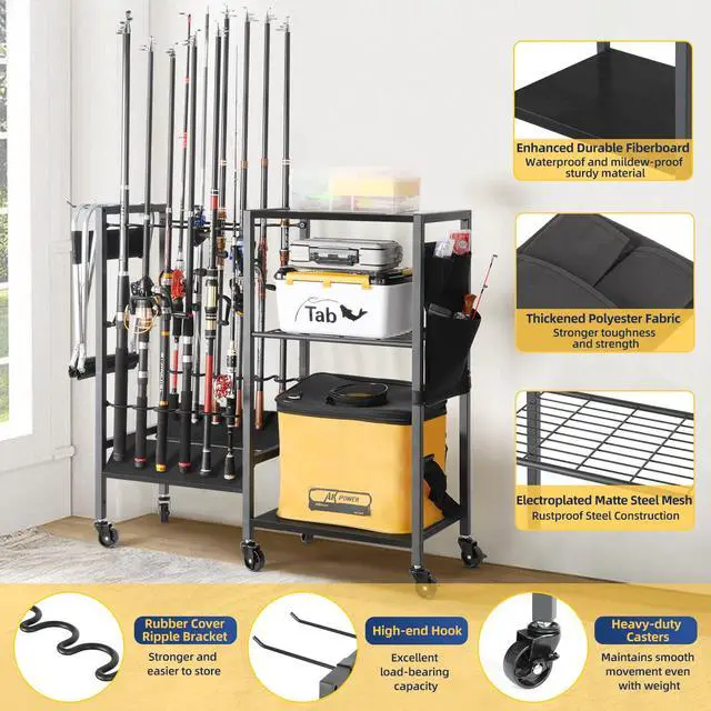 Alt view image 2 of 6 - Fishing Rod Holders, Rolling Fishing Rod Rack for Garage & Boat, Tackle Box & Reel Holder Cart, Easy Assembly Fishing Gear Management System, Ideal Birthday Gift for Men Dad Anglers