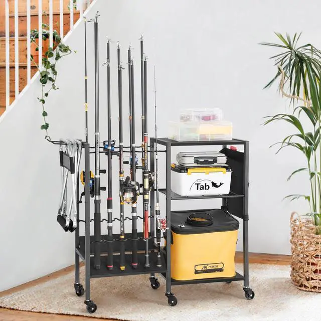 Alt view image 6 of 6 - Fishing Rod Holders, Rolling Fishing Rod Rack for Garage & Boat, Tackle Box & Reel Holder Cart, Easy Assembly Fishing Gear Management System, Ideal Birthday Gift for Men Dad Anglers