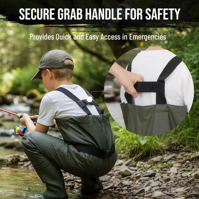 Alt view image 3 of 7 - Chest Waders for Kids with Boots - 2-Ply Nylon Waterproof Insulated Neoprene with Reflect Safety Band - Youth Fishing Waders with Boot Hanger for Toddler Children Hunting Waders for Boys Girls
