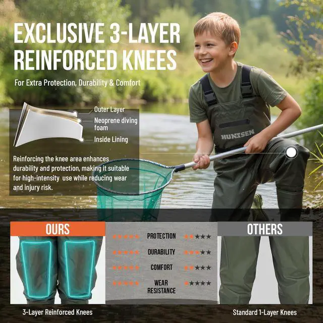 Alt view image 4 of 7 - Chest Waders for Kids with Boots - 2-Ply Nylon Waterproof Insulated Neoprene with Reflect Safety Band - Youth Fishing Waders with Boot Hanger for Toddler Children Hunting Waders for Boys Girls