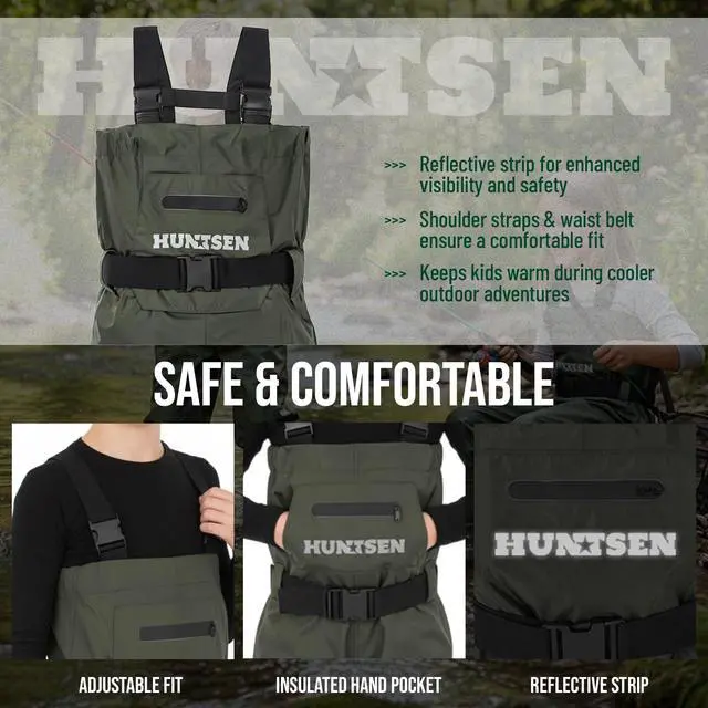 Alt view image 7 of 7 - Chest Waders for Kids with Boots - 2-Ply Nylon Waterproof Insulated Neoprene with Reflect Safety Band - Youth Fishing Waders with Boot Hanger for Toddler Children Hunting Waders for Boys Girls