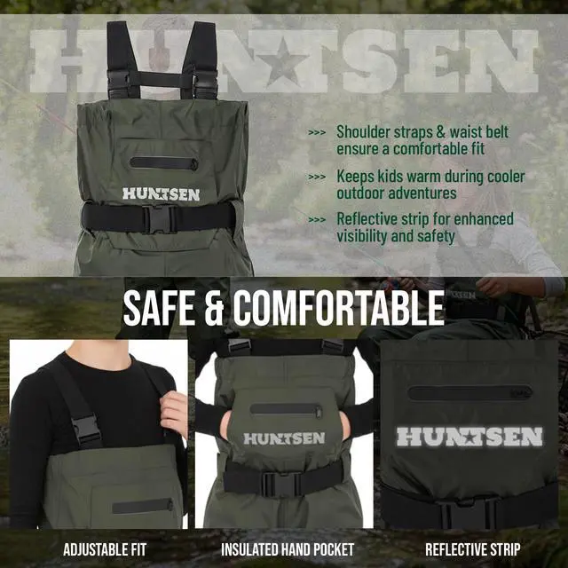 Alt view image 6 of 7 - Chest Waders for Kids with Boots - 2-Ply Nylon Waterproof Insulated Neoprene with Reflect Safety Band - Youth Fishing Waders with Boot Hanger for Toddler Children Hunting Waders for Boys Girls