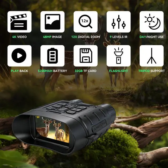 Alt view image 4 of 7 - Night Vision Goggles for Adults Hunting, 4K Infrared Night Vision Binoculars,Digital Night Vision Device with 5200mAh Battery 12X Zoom and 32GB TF Card, Hunting Gear Camping Gifts for Men