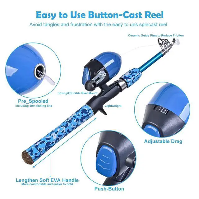 Alt view image 2 of 6 - Kids Fishing Pole Set with Full Starter Kits Portable Telescopic Fishing Rod and Spincast Reel with a Fishing Net and Bucket for Boys Girls and Youth