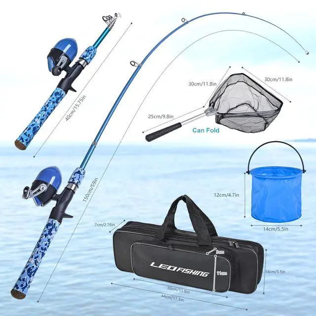 Alt view image 4 of 6 - Kids Fishing Pole Set with Full Starter Kits Portable Telescopic Fishing Rod and Spincast Reel with a Fishing Net and Bucket for Boys Girls and Youth