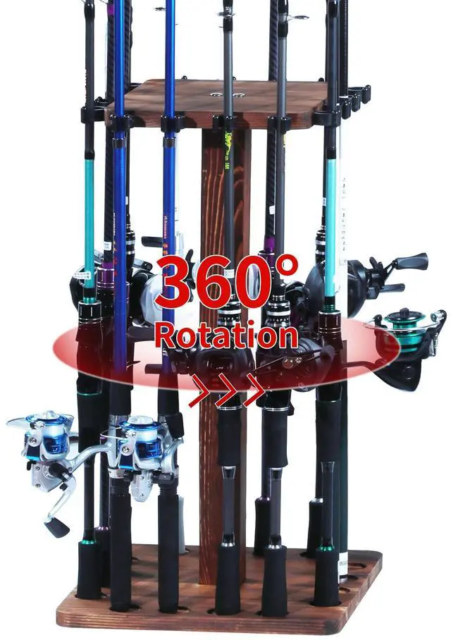 Main image of 360° Rotating Fishing Rod Holder, Natural Wooden Fishing Pole Rack Stores 16 Rods, Floor-Standing Fishing Rod Storage Organizer with Rounded Clips for Garage, Basement, or Shed, Easy to Install