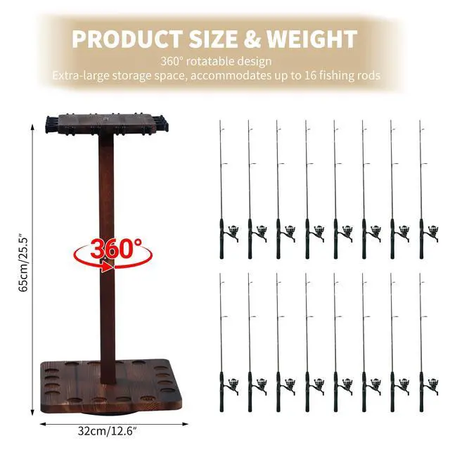 Alt view image 5 of 6 - 360° Rotating Fishing Rod Holder, Natural Wooden Fishing Pole Rack Stores 16 Rods, Floor-Standing Fishing Rod Storage Organizer with Rounded Clips for Garage, Basement, or Shed, Easy to Install