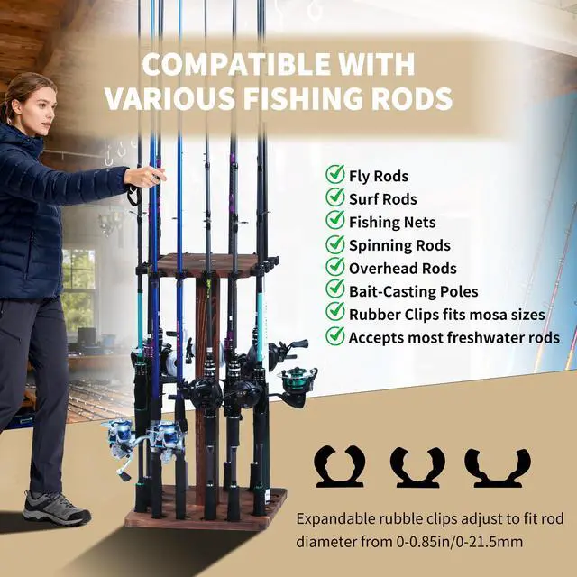 Alt view image 4 of 6 - 360° Rotating Fishing Rod Holder, Natural Wooden Fishing Pole Rack Stores 16 Rods, Floor-Standing Fishing Rod Storage Organizer with Rounded Clips for Garage, Basement, or Shed, Easy to Install