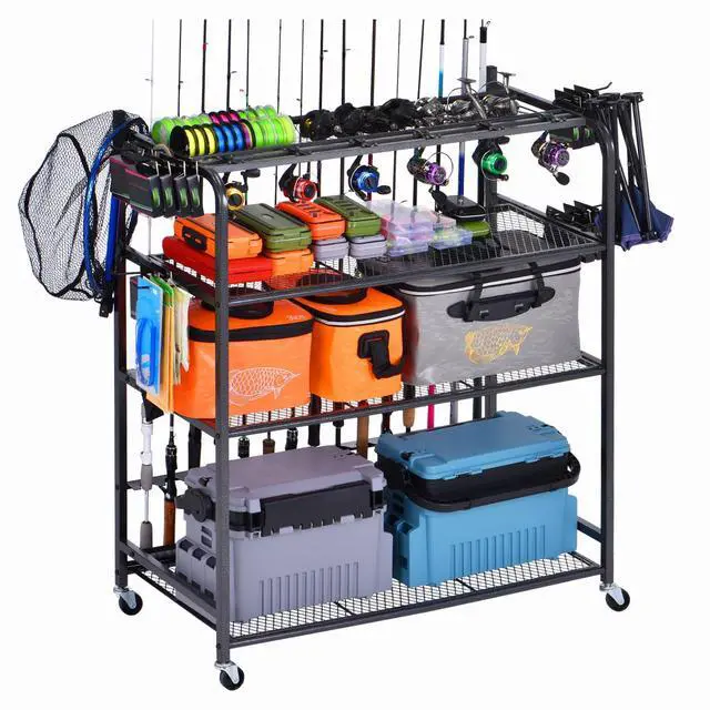 Main image of Fishing Rod Holder for Garage, Fishing Pole Holders for 15 Rods 38 * 17", Fishing Rod Rack Basement, Fishing Pole Rack Metal Black with Big Wheels, 4-Tier
