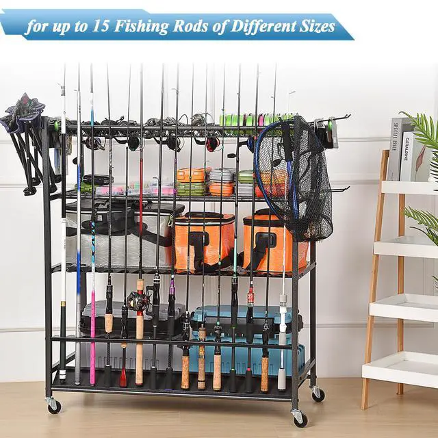 Alt view image 3 of 7 - Fishing Rod Holder for Garage, Fishing Pole Holders for 15 Rods 38 * 17", Fishing Rod Rack Basement, Fishing Pole Rack Metal Black with Big Wheels, 4-Tier