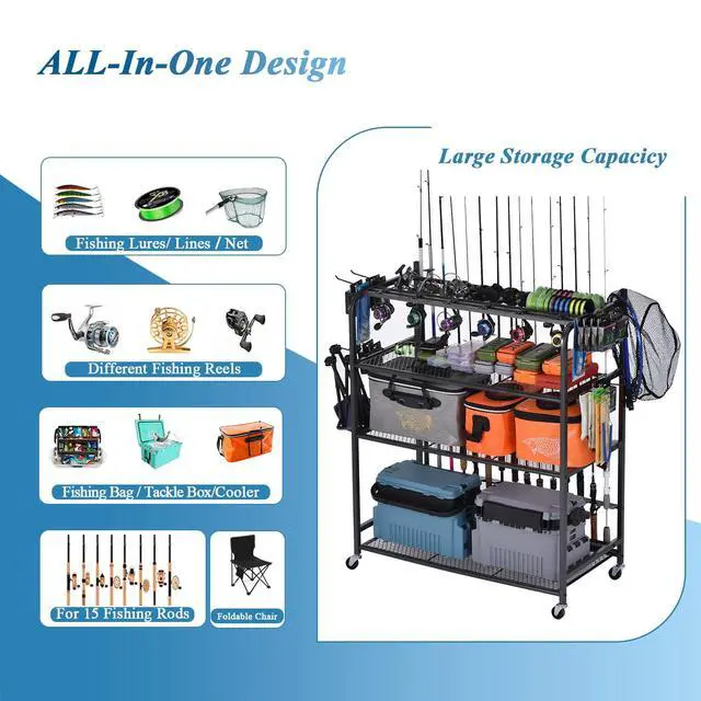 Alt view image 2 of 7 - Fishing Rod Holder for Garage, Fishing Pole Holders for 15 Rods 38 * 17", Fishing Rod Rack Basement, Fishing Pole Rack Metal Black with Big Wheels, 4-Tier