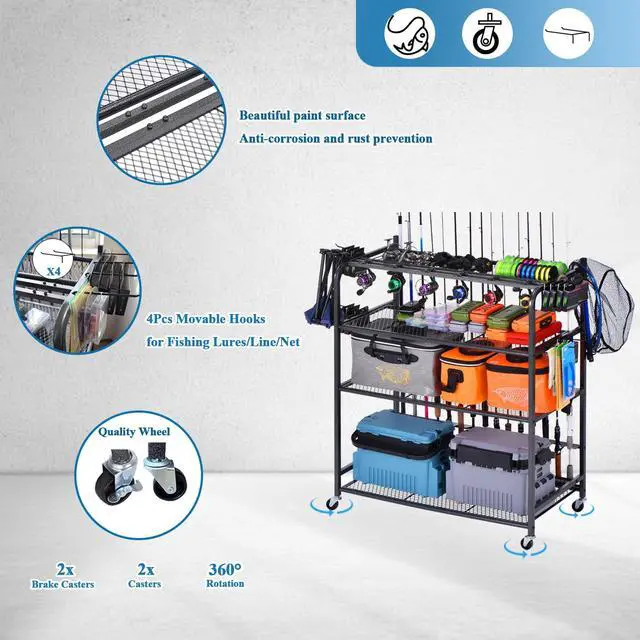 Alt view image 5 of 7 - Fishing Rod Holder for Garage, Fishing Pole Holders for 15 Rods 38 * 17", Fishing Rod Rack Basement, Fishing Pole Rack Metal Black with Big Wheels, 4-Tier