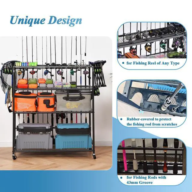 Alt view image 4 of 7 - Fishing Rod Holder for Garage, Fishing Pole Holders for 15 Rods 38 * 17", Fishing Rod Rack Basement, Fishing Pole Rack Metal Black with Big Wheels, 4-Tier
