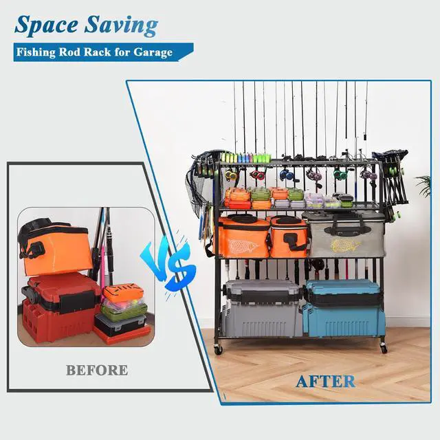 Alt view image 7 of 7 - Fishing Rod Holder for Garage, Fishing Pole Holders for 15 Rods 38 * 17", Fishing Rod Rack Basement, Fishing Pole Rack Metal Black with Big Wheels, 4-Tier