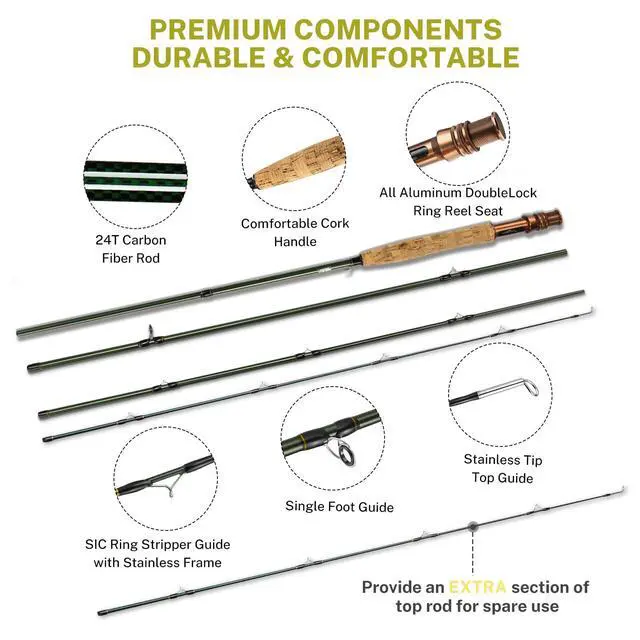 Alt view image 2 of 6 - Fly Fishing Rod and Reel Combo Starter Kit, Fly Rod 4-Piece Carbon Fiber, Aluminum Fly Reel, 12Pcs Fly Flies, Fishing Line, Scissors, Premium Travel Case Portable Lightweight