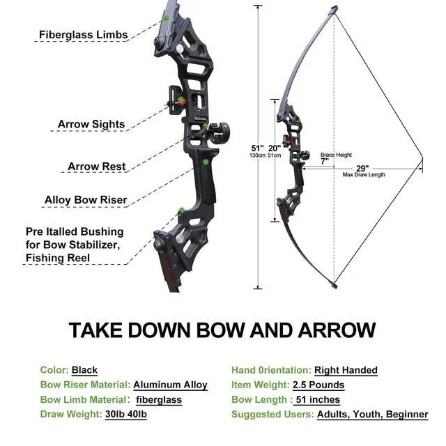 Alt view image 7 of 7 - Archery Bows and Arrows Set for Adults, Recurve Bow Set for Adult Beginner & Youth, Takedown Hunting Bow and Arrow Set Outdoor, 30 40 Lbs Right Hand, Aluminum Alloy Bow Riser