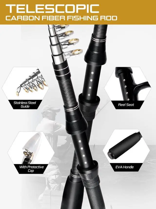 Alt view image 2 of 6 - Fishing Pole Kit, Carbon Fiber Telescopic Fishing Rod and Reel Combo with Spinning Reel, Line, Bionic Bait, Hooks and Carrier Bag for Adult Teens Beginners