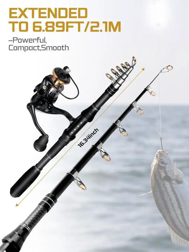 Alt view image 2 of 7 - Fishing Pole Kit, Carbon Fiber Telescopic Fishing Rod and Reel Combo with Spinning Reel, Line, Bionic Bait, Hooks and Carrier Bag for Adult Teens Beginners