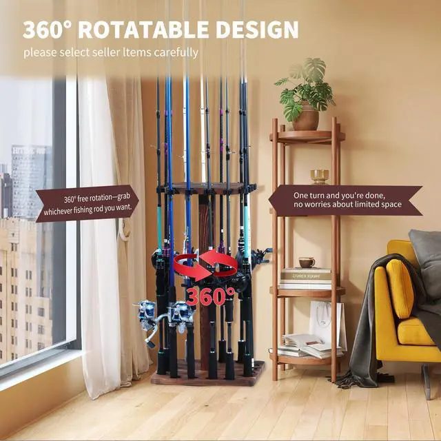 Alt view image 3 of 6 - 360° Rotating Fishing Rod Holder, Natural Wooden Fishing Pole Rack Stores 16 Rods, Floor-Standing Fishing Rod Storage Organizer with Rounded Clips for Garage, Basement, or Shed, Easy to Install