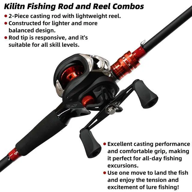 Alt view image 2 of 6 - Fishing Rod and Reel Combo, Baitcasting Combo Baitcast Reel, 6 Foot 7 Foot 2-Piece, Durable Fiberglass Wrapped Carbon Fiber Rod with Comfortable EVA Handle