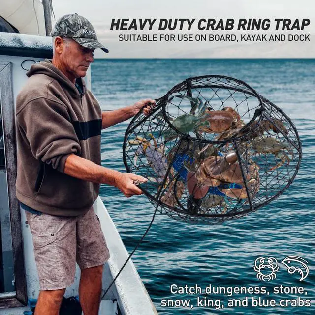Alt view image 2 of 7 - Crab Ring Trap Hoop Net 1/2-Pack, Heavy Duty Saltwater Crab Nets for Crabbing Lobster, Dungeness and Blue Crabs, Folded Crab Cage Pots Kit with Buoy, Bait Bag, Rope and Gloves
