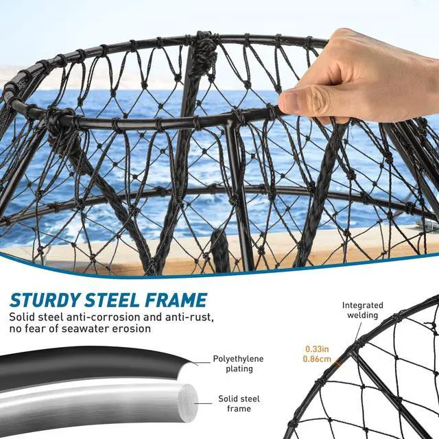 Alt view image 3 of 7 - Crab Ring Trap Hoop Net 1/2-Pack, Heavy Duty Saltwater Crab Nets for Crabbing Lobster, Dungeness and Blue Crabs, Folded Crab Cage Pots Kit with Buoy, Bait Bag, Rope and Gloves
