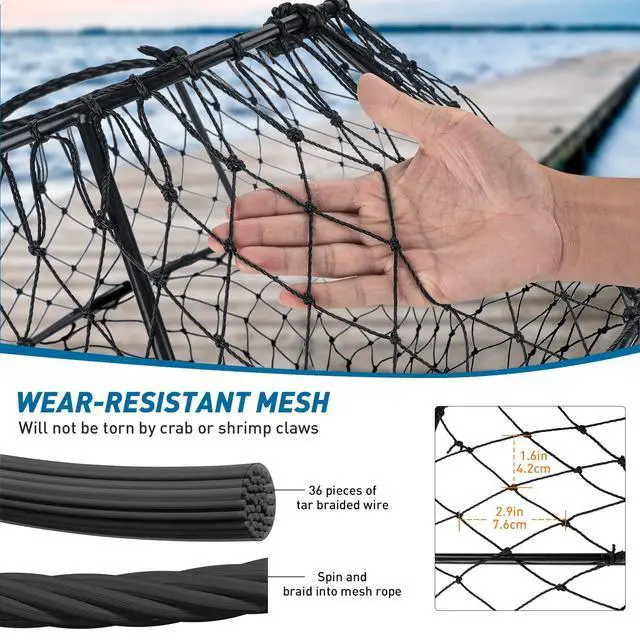 Alt view image 4 of 7 - Crab Ring Trap Hoop Net 1/2-Pack, Heavy Duty Saltwater Crab Nets for Crabbing Lobster, Dungeness and Blue Crabs, Folded Crab Cage Pots Kit with Buoy, Bait Bag, Rope and Gloves