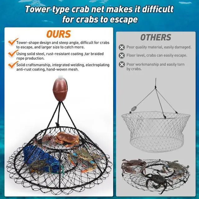 Alt view image 6 of 7 - Crab Ring Trap Hoop Net 1/2-Pack, Heavy Duty Saltwater Crab Nets for Crabbing Lobster, Dungeness and Blue Crabs, Folded Crab Cage Pots Kit with Buoy, Bait Bag, Rope and Gloves