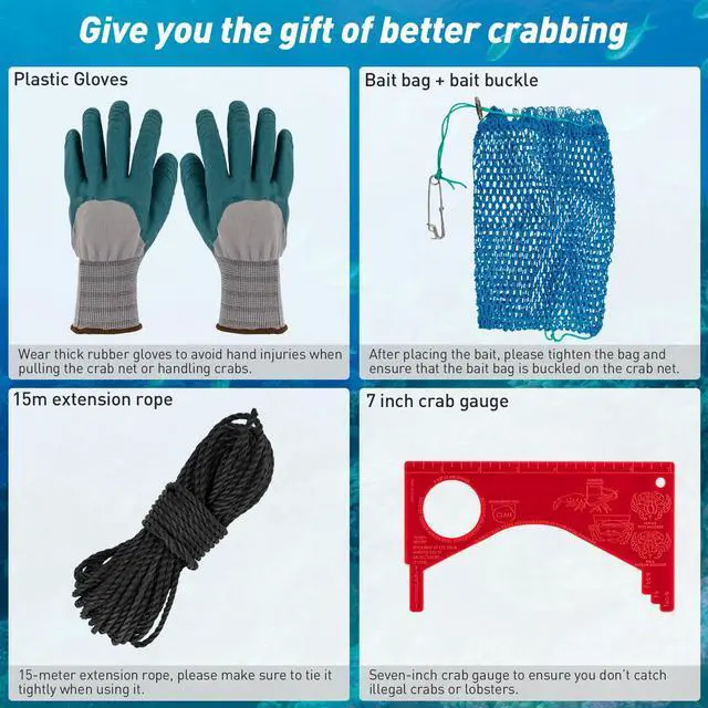 Alt view image 7 of 7 - Crab Ring Trap Hoop Net 1/2-Pack, Heavy Duty Saltwater Crab Nets for Crabbing Lobster, Dungeness and Blue Crabs, Folded Crab Cage Pots Kit with Buoy, Bait Bag, Rope and Gloves