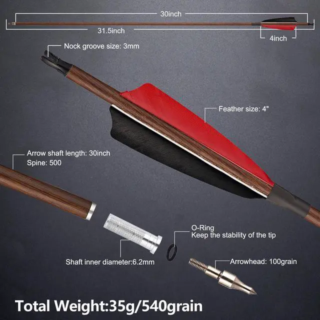 Alt view image 4 of 7 - Premium 30" Carbon Hunting Arrows with 4" Real Turkey Feathers Fletching and Removable Tips - 500 Spine Practice Target Arrows for Recurve Bow Long Bow -12Pcs