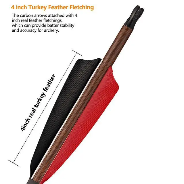 Alt view image 3 of 7 - Premium 30" Carbon Hunting Arrows with 4" Real Turkey Feathers Fletching and Removable Tips - 500 Spine Practice Target Arrows for Recurve Bow Long Bow -12Pcs
