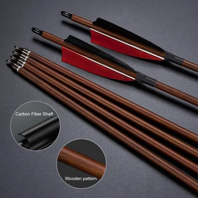 Alt view image 5 of 7 - Premium 30" Carbon Hunting Arrows with 4" Real Turkey Feathers Fletching and Removable Tips - 500 Spine Practice Target Arrows for Recurve Bow Long Bow -12Pcs